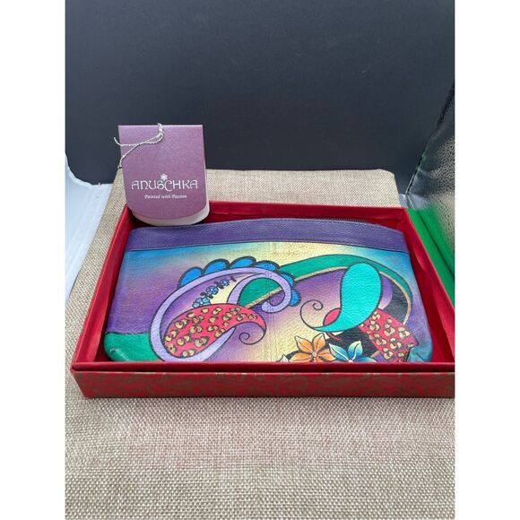 Anuschka Hand painted Leather Zip Bag Cosmetic Bag Clutch Paisley SOU48GJM-U - Picture 5 of 10